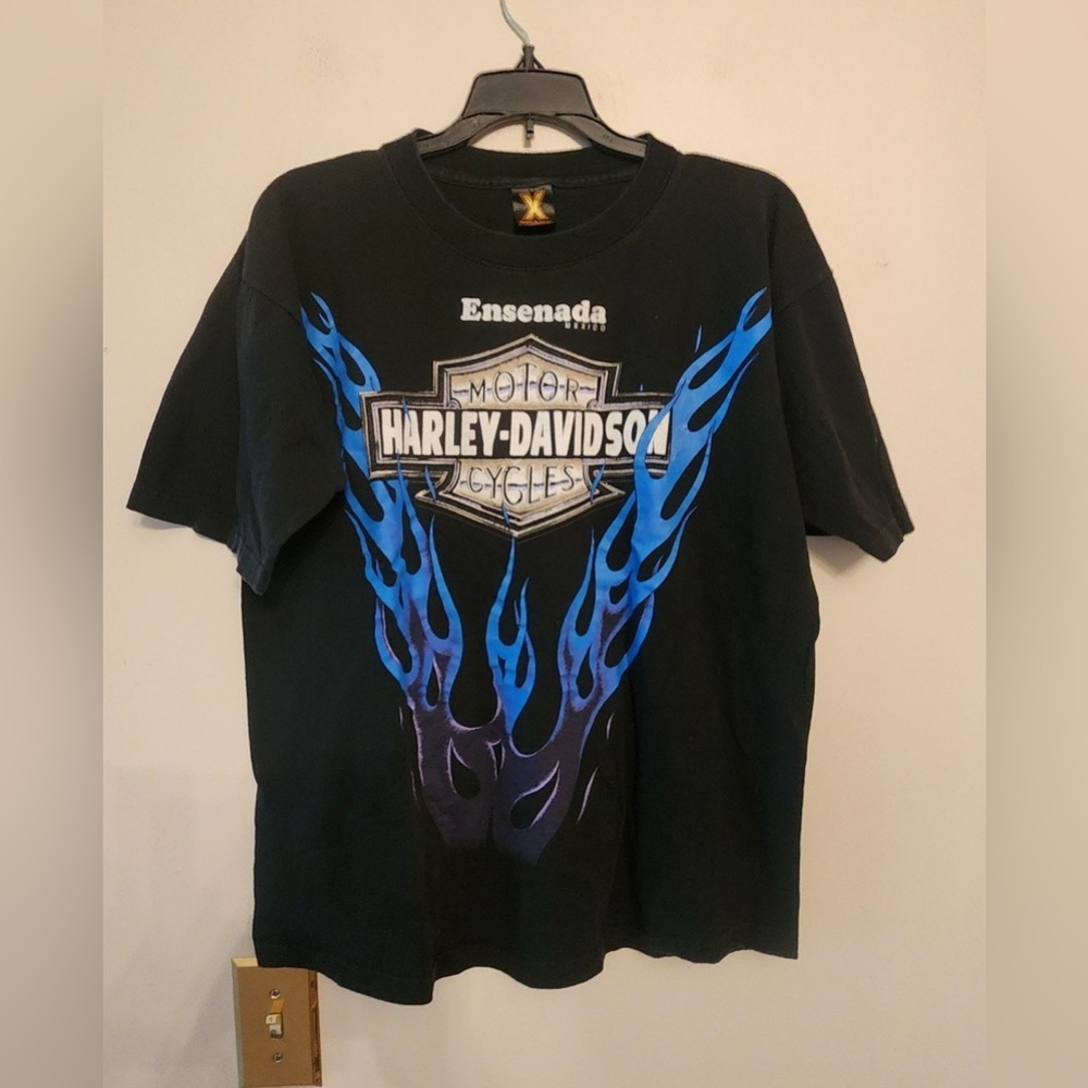 Vtg 90's Harley Davidson Blue Flame Ensenada Mexico Shirt Medium Rare